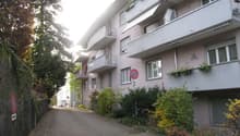 Four story building with balconies, street view, road, multiple balconies, plants and trees on both sides