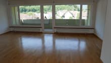 empty room, wooden floor, large windows, balcony, view of the mountains