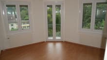 empty room, wooden floor, white walls, three windows, two radiators, balcony