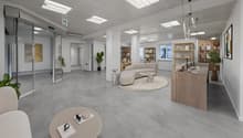 interior room, clean minimal design, gray floor, white walls, glass door, couches, center table, shelves, plants