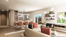 Modern living room with dining area, dining table, chairs, couch, shelves, TV, decorative items, flowers