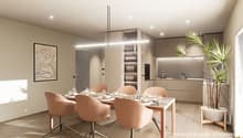 large dining table with chairs, light fixtures, shelves with wine glasses, modern design, large windows