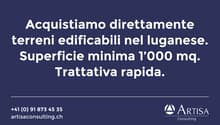 The advertisement states that Artisa Consulting directly acquires buildable land in the Lugano area. The minimum surface area is 1,000 sq.m. and the process is described as a rapid transaction.