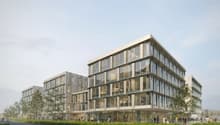 Modern office building, glass facade, multiple floors, landscaped area, people walking