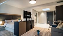 Spacious bedroom with a large bed, wooden furniture, a TV stand, and a seating area. The room has hardwood flooring and a skylight. There is also a small table and a dishwasher visible in the room.