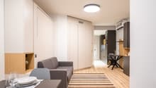 Open-plan living room and kitchen area, with a gray sofa, a dining table, and built-in storage cabinets. The room has hardwood floors and a striped area rug. There is a dishwasher visible in the kitchen area.