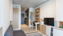 Open-concept studio apartment with concrete ceiling, wood-paneled walls, hardwood flooring, sofa, TV stand, desk, shelving unit, and a refrigerator visible in the kitchenette area.