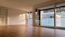wooden floor, empty room, large sliding glass doors with balcony, tall white shelves