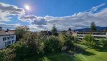 Houses surrounded by trees, large lawn, blue sky with clouds, mountains in the background