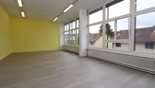 Yellow wall, white ceiling, hardwood floor, double height, multiple large windows, heater underneath the windows