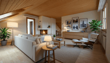 Wohnzimmer mit Cheminée - 31m2 (KI generierte Möblierung)