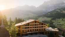 wooden hotel, mountainous surroundings, outdoor seating area, large windows, curved roof, multiple floors
