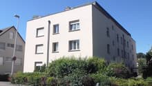 3 story white building, multiple windows, shrubs in front, street light