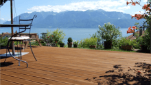 Wooden deck, outdoor table, outdoor chair, multiple potted plants, view of a lake and mountains