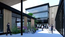 glass facade, modern design, plants, bicycles, multiple entrances, people walking, bicycles parked