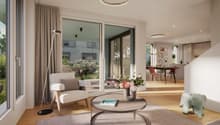 modern living room with wooden floor, large windows, sliding glass doors, balcony, round coffee table, flowers, round ceiling lamp, floor lamp, rug, elephant toy, dining table, chairs