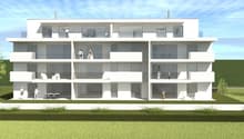 4-story modern apartment building with white exterior, large windows, and balconies on each floor