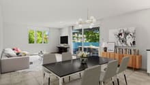 open living room with dining area, large glass windows, terrace, chandelier, wooden floors
