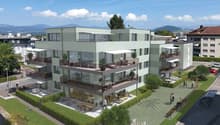 4-story apartment building, balconies, garden, car park, communal areas