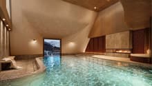 A swimming pool in a room with a fireplace and view