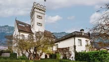 Large white house with tower, flag, red roof, garden, mountains in the background