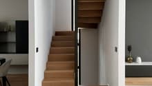 modern interior, wooden stairs, white walls, wooden flooring