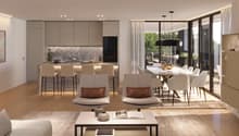 modern design, open plan, kitchen with island, dining area with large table, living area with sofa and coffee table, large windows, balcony