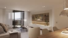 modern living room, large windows, balcony, gray couch, coffee table, armchairs, dining table, TV, shelves, wooden floor