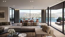 large windows, modern design, large sofa, dining table, view of the lake