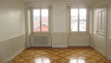 Empty room with wooden parquet flooring, white walls, two windows, two white radiators, door at the end