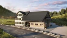 2 story house, modern design, grey exterior, white windows, car parked in garage, greenery around the house