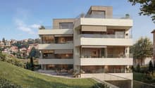 4 story house, raised ground floor, multiple balconies, modern design, large windows, outdoor seating area