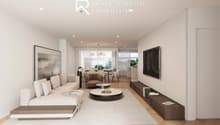 modern living room with white walls, wooden floor, large windows, couch, table, television