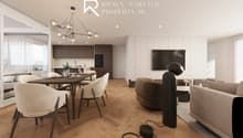 dining area with a dining table and chairs, a sofa, a television, and a coffee table