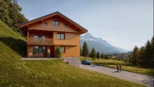 wooden house, on hill, with terrace, mountain view, driveway, parked car