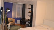 A cozy room with wooden floor, a bed, a desk, a chair, a couch, and a lamp