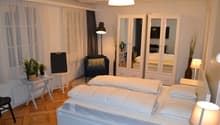 modern bedroom with double bed, white walls, wooden floor, lamps, white furniture, double doors, plants, curtains