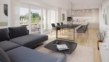 modern living room with large windows, gray sofa, black coffee table, dining table with chairs, kitchen with modern appliances, chandelier