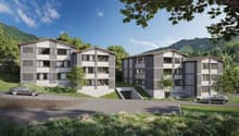 Three apartments, gray exterior, white windows, underground parking, mountain view