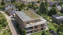 Modern multi-story house with a green roof, solar panels, and a balcony.