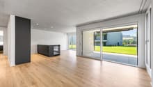 large open space, hardwood floors, sliding glass doors, outdoor terrace, contemporary kitchen