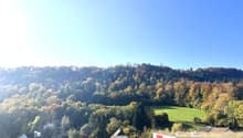 Mountains, trees, houses, smoke from chimney, clear blue sky, a valley in the background