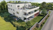 Two-story house with solar panels, raised ground floor, balcony with pool, terrace with furniture, garden with plants, mountain view.