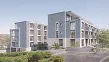 3 story building, garage, parking lot, balconies, windows