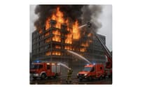 A multi-story office building on fire, with flames and thick black smoke billowing from the windows. Fire trucks and firefighters are on the scene, using water hoses to try to extinguish the blaze.