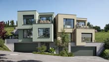 2-story house, green exterior, glass windows, 2 garages, balconies