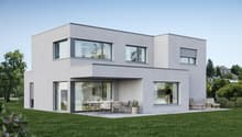 modern two-story house, gray exterior, large glass windows, balcony, garden furniture, lawn