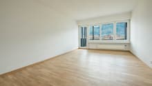 empty room, wooden floor, white walls, large windows, balcony