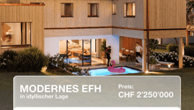 Modern house, wooden facade, solar panels, garage, swimming pool, terrace