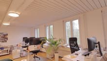 An office with desks, chairs, monitors, a potted plant, and a shelf with books and other items.